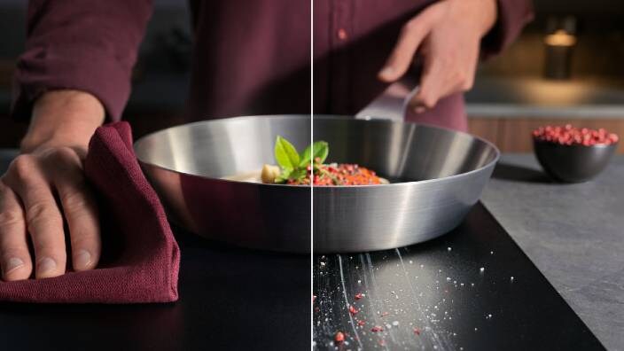 Salīdzinājuma attēli — labajā pusē vīrietis tīra stikla plīts virsmu ar virtuves dvieli, bet labajā pusē plīts virsma ir netīra ar skrāpējumiem.